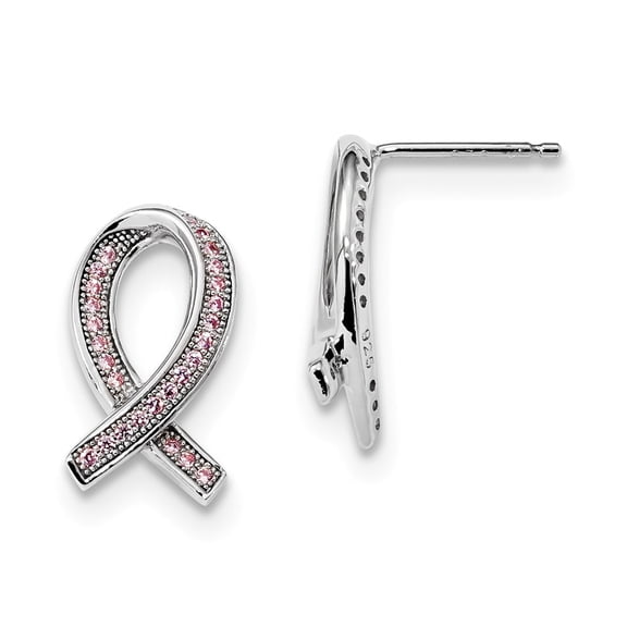 Brilliant Embers Sterling Silver Rhodium-plated 52 Stone Micro Pav Pink CZ Awareness Ribbon Post Earrings
