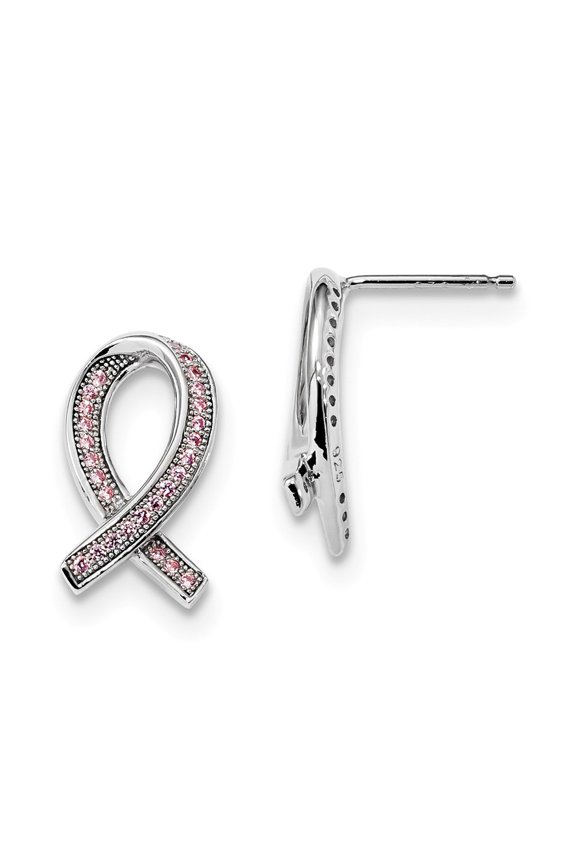 Brilliant Embers Sterling Silver Rhodium-plated 52 Stone Micro Pav Pink CZ Awareness Ribbon Post Earrings