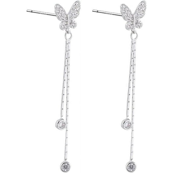 Sterling Silver CZ Butterfly Earrings for Women Teens Butterfly Long Drop Dangle Earrings