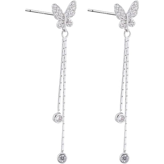 Sterling Silver CZ Butterfly Earrings for Women Teens Butterfly Long Drop Dangle Earrings