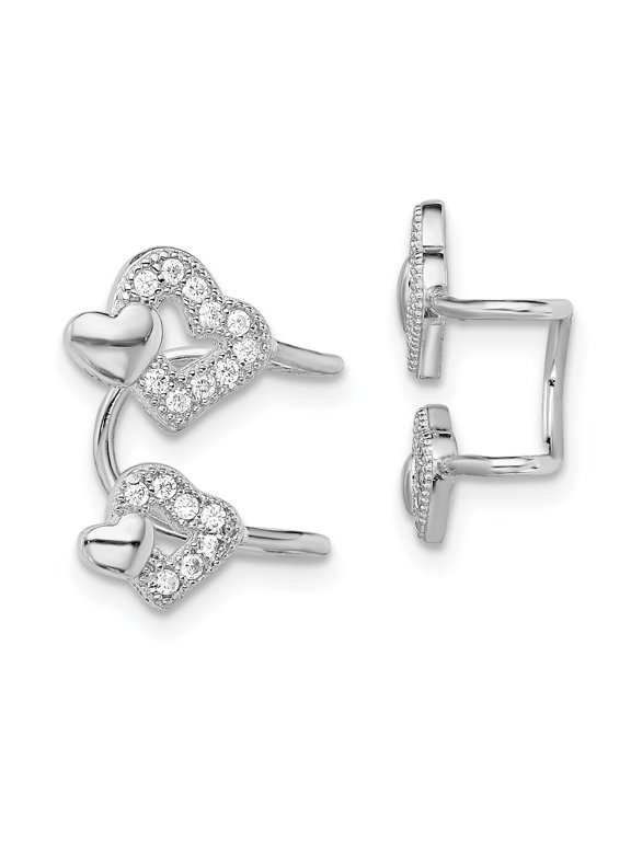 Sterling Silver CZ Double Heart Left Cuff Earring Sterling Silver Earrings