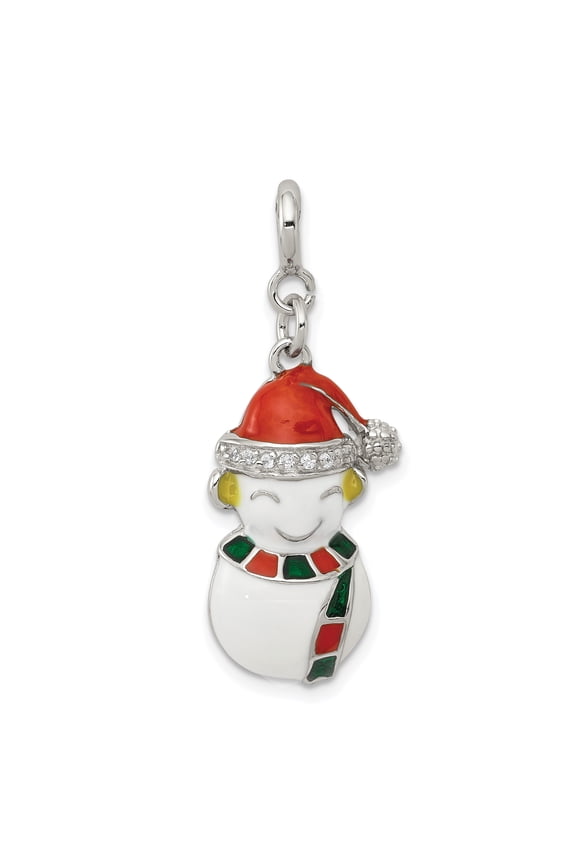 925 Sterling Silver Solid Polished Spring-Ring Cubic Zirconia and Enameled Snowman Charm 32x13mm Wide Charm for Women