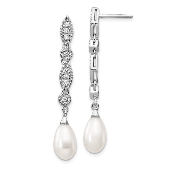 Sterling Silver CZ FW Cultured Pearl Post Dangle Earrings