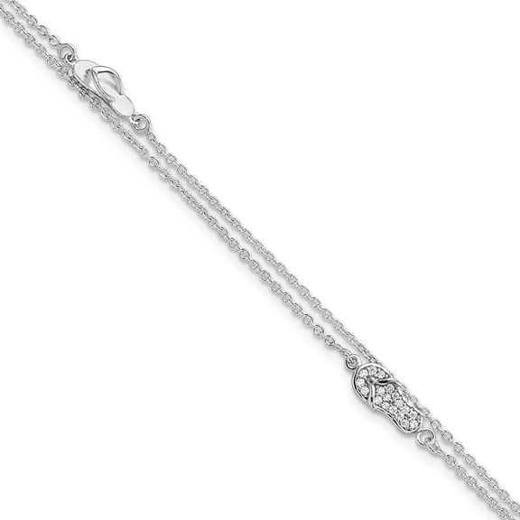 Finest Gold Sterling Silver 2-Strand CZ Flip Flop 9 in. Plus 1 in. Extender - Total 11 in. Anklet