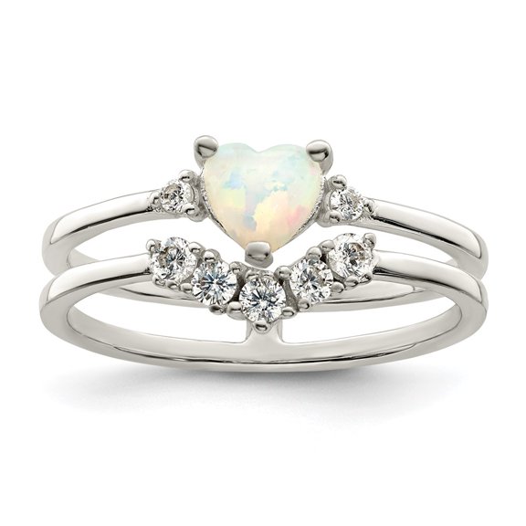 Finest Gold Sterling Silver CZ & Heart Created White Opal Double Band Ring - Size 7