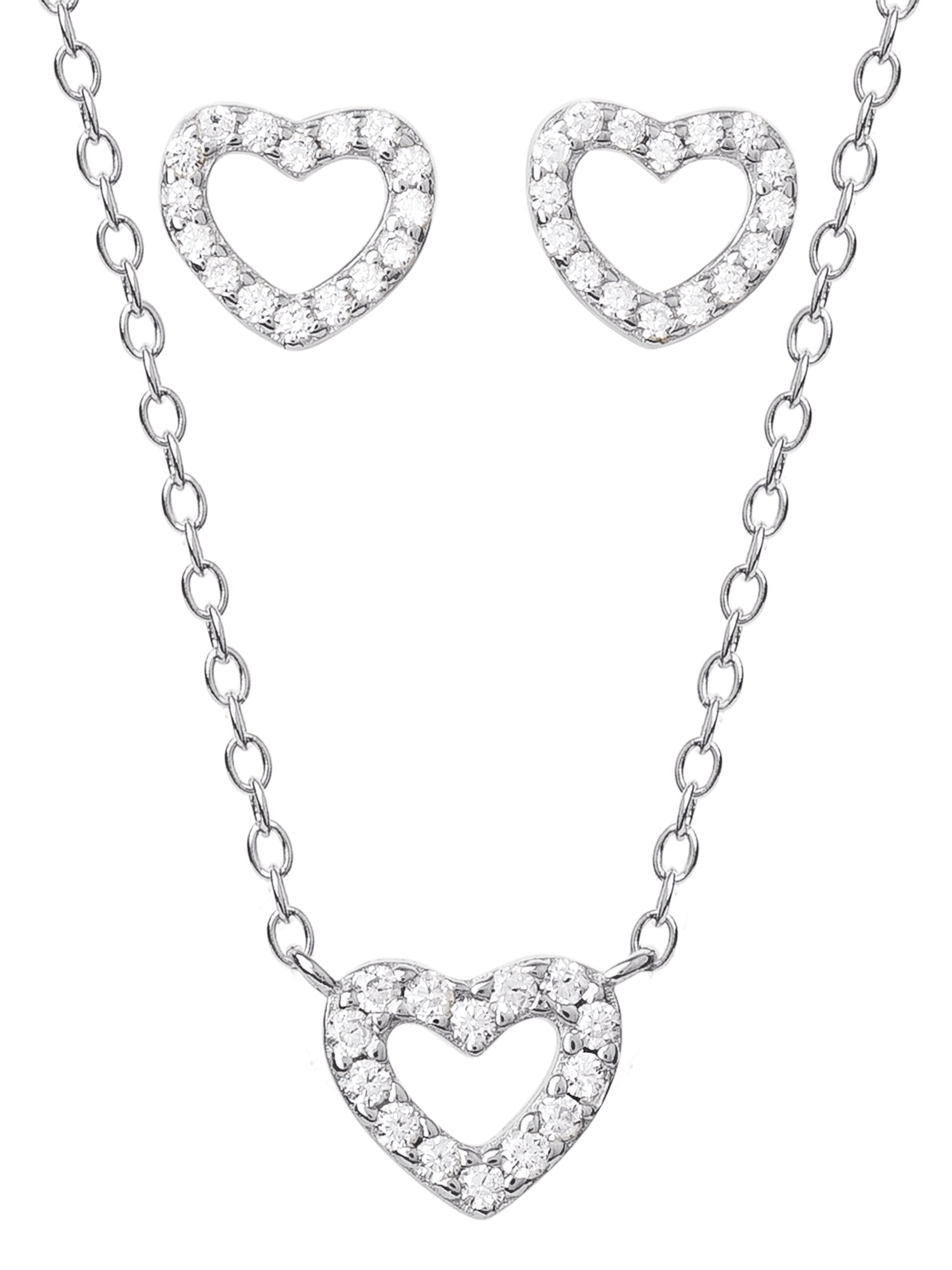 Sterling Silver Heart Necklace & Earring Set with Cubic Zirconia for Women