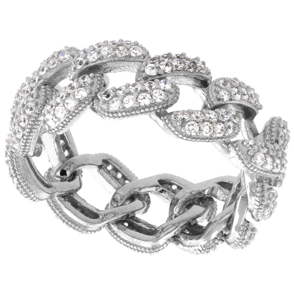 Sterling Silver CZ Link Chain Ring for Women Micro pave Rhodium Finish 5/16 in wide size 6