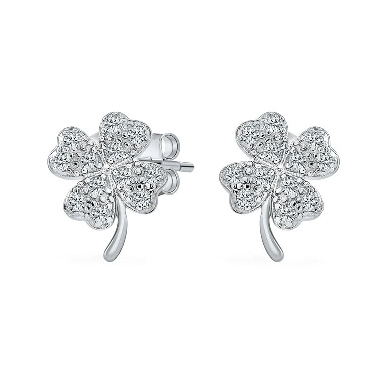 Sterling Silver CZ Lucky Four Leaf Clover Pave Stud Earrings