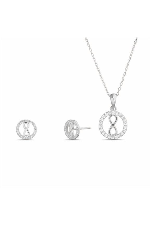 Sterling Silver CZ Open Circle W/ Infinity Necklace & Earrings Set