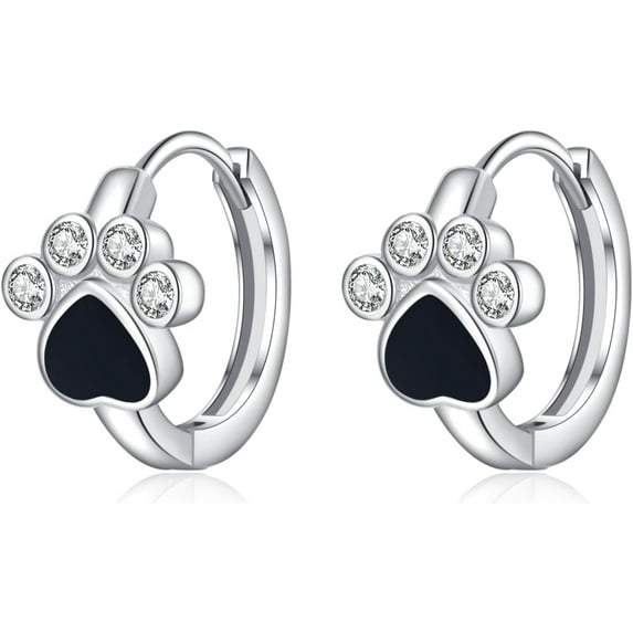Sterling Silver CZ Paw Earrings Hoop for Women Teens Cat Dog Paw Print Earrings Small Paw Hoop Earrings Huggie Black Heart Hoop Earrings Love