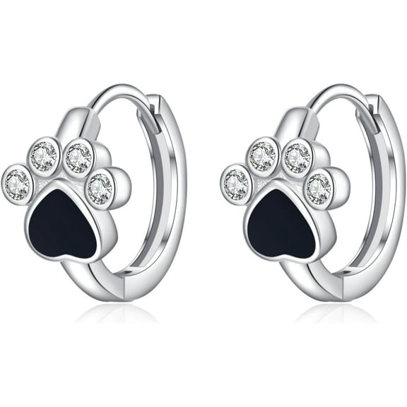 Sterling Silver CZ Paw Earrings Hoop for Women Teens Cat Dog Paw Print Earrings Small Paw Hoop Earrings Huggie Black Heart Hoop Earrings Love