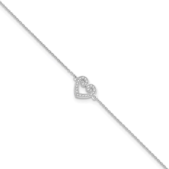 Sterling Silver & CZ Polished Heart Anklet w/1in Ext
