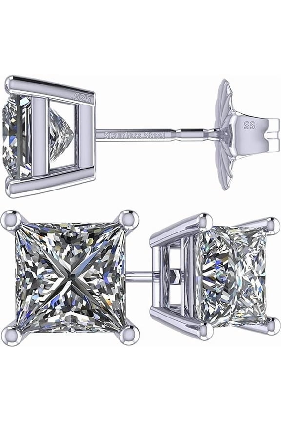 Sterling Silver CZ Princess Cut Studs Woman Man Earrings Hypoallergenic -Rhodium Plated 5.5mm-2.0cttw