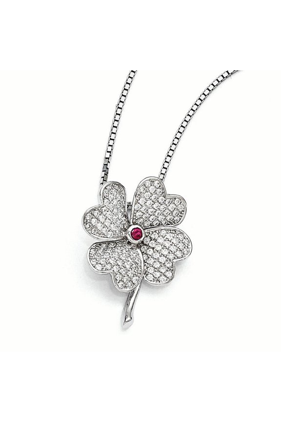 Sterling Silver CZ & Red Corundum Rhodium Necklace QMP1173