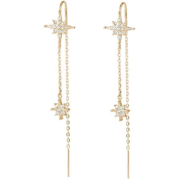 Sterling Silver CZ Star Dangle Earrings for Women Teens Long Dangle Earrings Threader Tassel