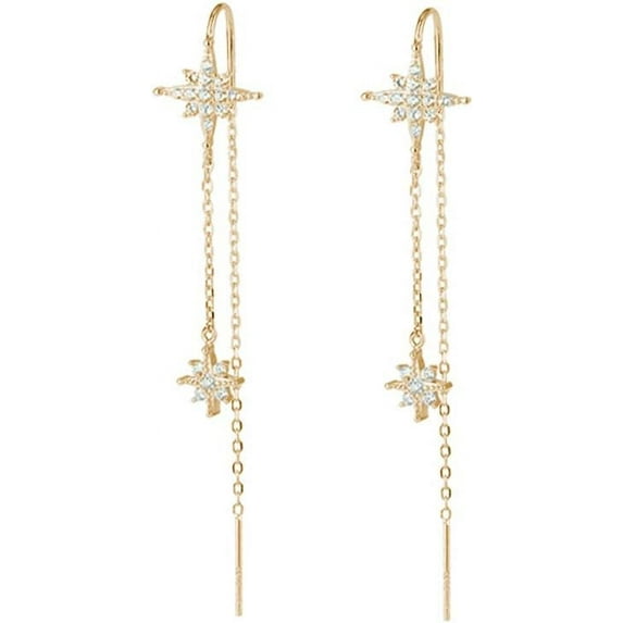 Sterling Silver CZ Star Dangle Earrings for Women Teens Long Dangle Earrings Threader Tassel