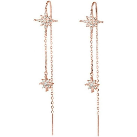 Sterling Silver CZ Star Dangle Earrings for Women Teens Long Dangle Earrings Threader Tassel