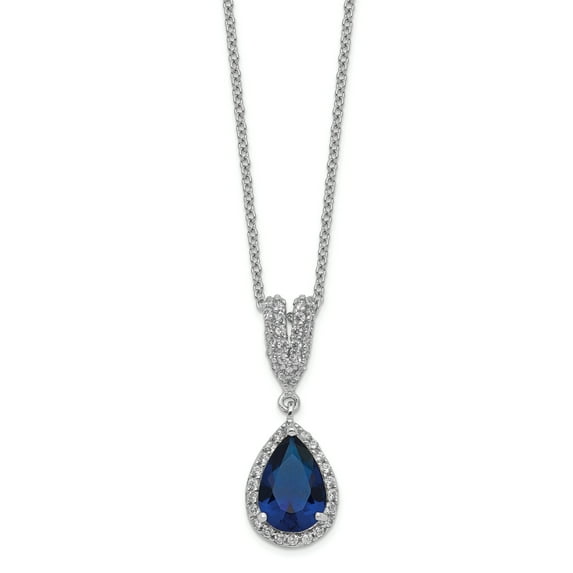 Sterling Silver CZ & Synthetic Dk Blue Spinel Pear Shaped Necklace