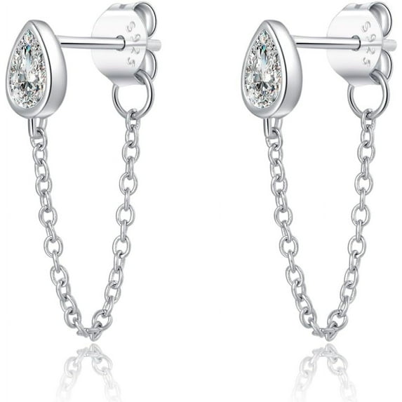 Sterling Silver CZ Teardrop Chain Dangle Earrings for Women Teens Minimalist Droplet Earrings Tassel Studs Chain