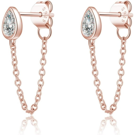 Sterling Silver CZ Teardrop Chain Dangle Earrings for Women Teens Minimalist Droplet Earrings Tassel Studs Chain