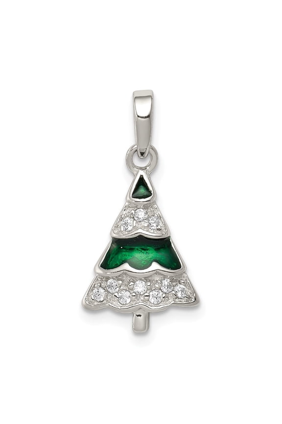 Sterling Silver CZ and Enameled Christmas Tree Pendant Charm