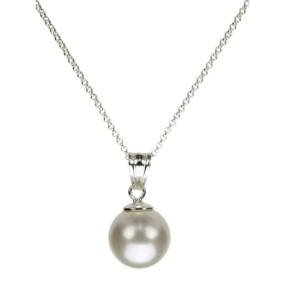 Sterling Silver Box Chain Necklace 12mm Simulated Pearl Made with Swarovski(R) Crystals 22"
