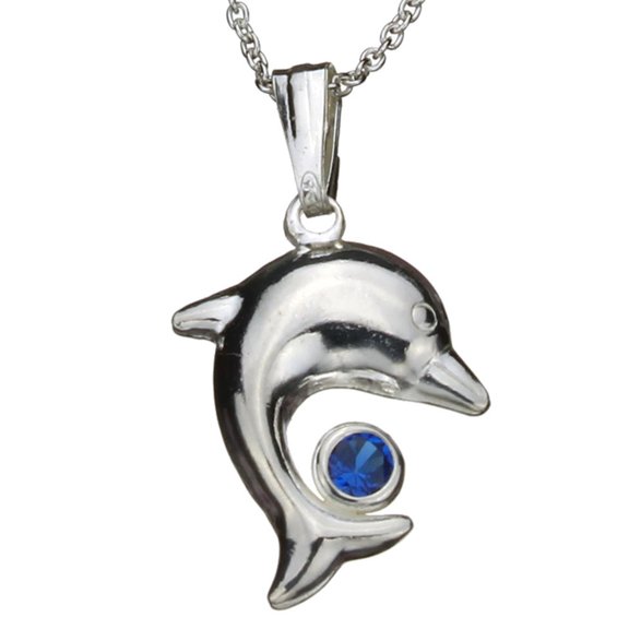 Sterling Silver Cable Chain Necklace Dolphin Blue Pendant Made with Swarovski Crystals Italy, 16"