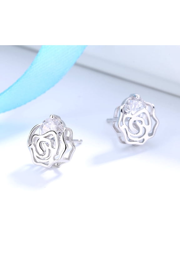 Sterling Silver Caged Rose Stud Earrings with Floating with crystals from Swarovski