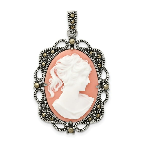 Sterling Silver Cameo Pendant Necklace for Women with Coral Background, Marcasite Accents, Vintage Victorian Antique Retro Style Elegant Classical Jewelry