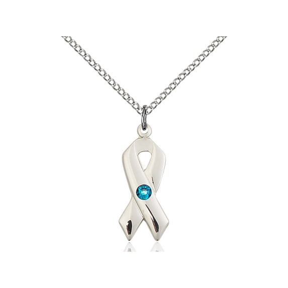 Sterling Silver Cancer Awareness Pendant w/ 3mm December Blue Swarovski Crystal 7/8 X 3/8 inches w/ 18 inch Curb Chain