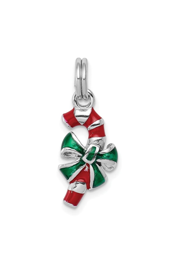 Sterling Silver Candy Cane Pendant Necklace with Red and Green Enamel, Festive Bow Detail, Holiday Charm Jewelry for Women, Seasonal Symbol of Christmas Cheer and Winter Celebration