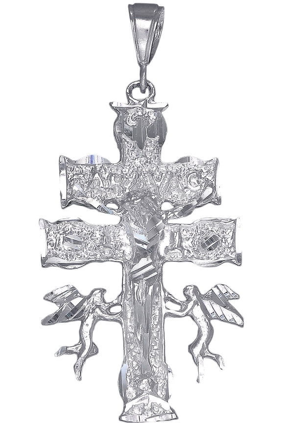 Sterling Silver Caravaca Cross Pendant Necklace Diamond Cut Finish with Chain