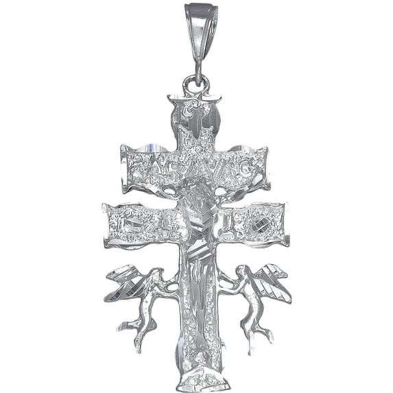 Sterling Silver Caravaca Cross Pendant Necklace Diamond Cut Finish with Chain