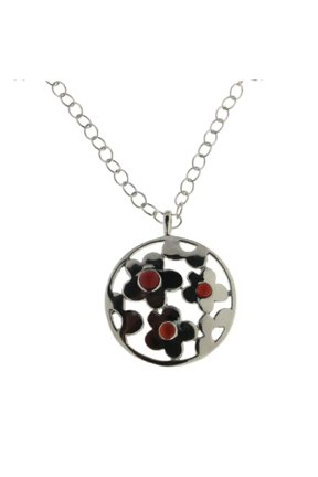 Sterling Silver Carnelian Agate Cabochon Polished Flowers Large Medallion Pendant Necklace.