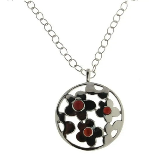 Sterling Silver Carnelian Agate Cabochon Polished Flowers Large Medallion Pendant Necklace.