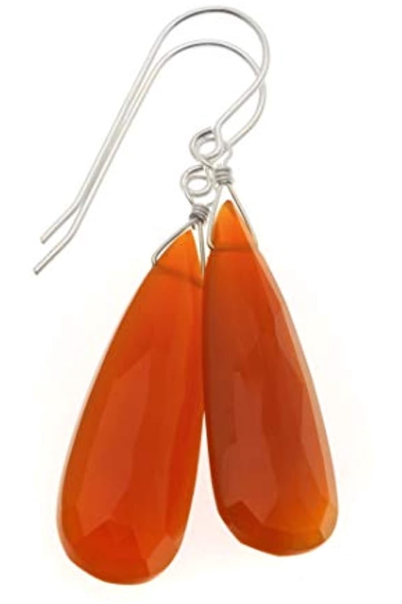 Sterling Silver Carnelian Earrings Orange Chalcedony Faceted Large Long Teardrop Briolettes Simple Dangles Designed for Adult Women