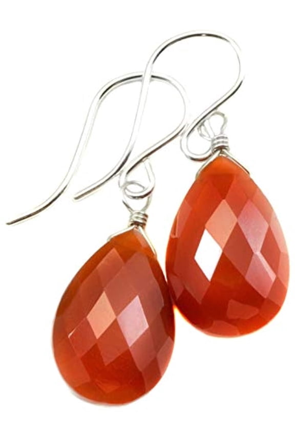 Sterling Silver Carnelian Earrings Orange Chalcedony Faceted Pear Teardrops Burnt Orange Daily Dangles Designed for Adult Women