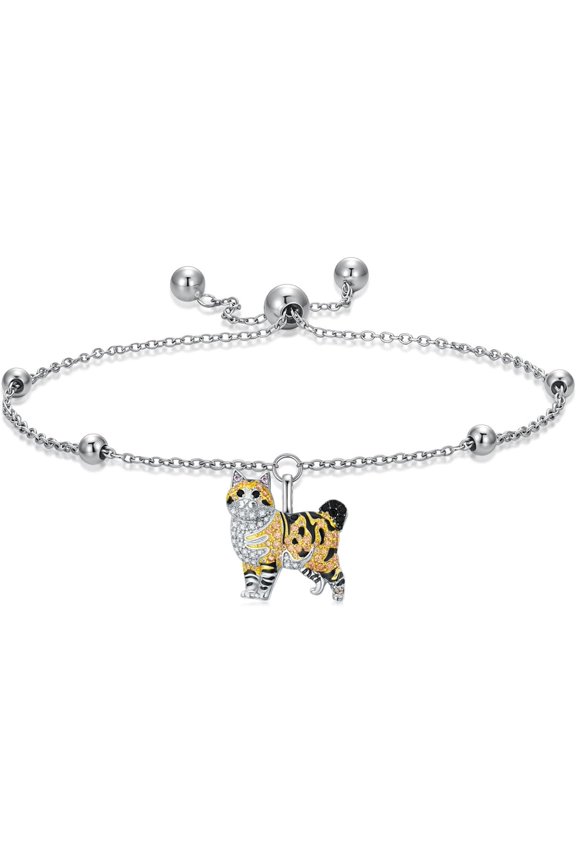 Sterling Silver Cat Bracelets for Women-Inlaid Cubic Zirconia, Available 13 Breeds Scottish Fold/Siamese/Persian/Bombay/Egyptian Mau/Bengal, Cute Cat Jewelry Gifts