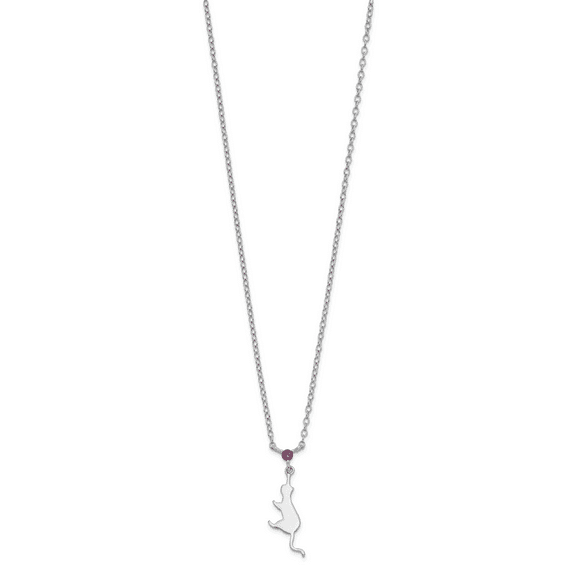 Sterling Silver Cat Dangle with Pink Cubic Zirconia with 1 in Extender Necklace