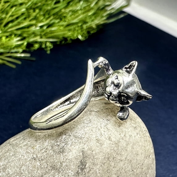 Sterling Silver Cat Hug Ring: Adjustable Kitten Wrap Jewelry