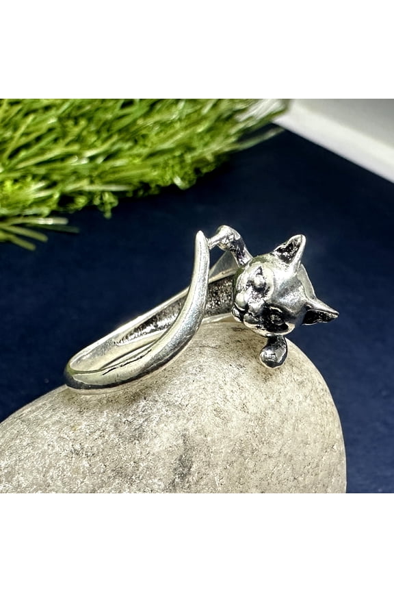Sterling Silver Cat Hug Ring: Adjustable Kitten Wrap Jewelry