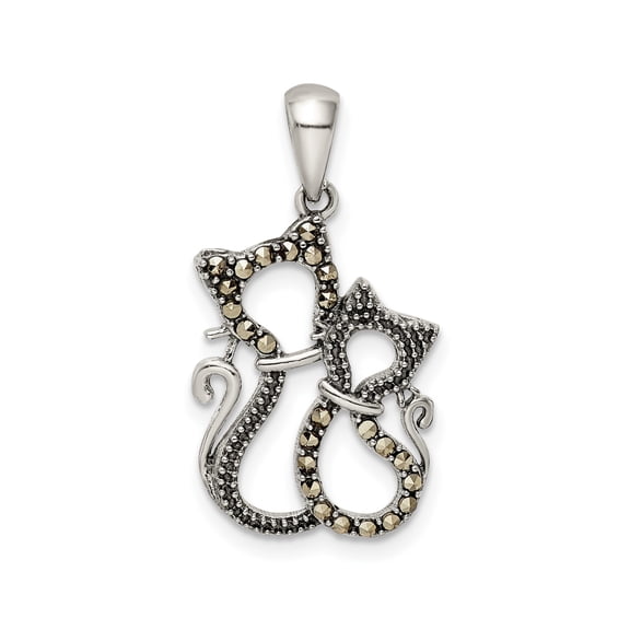 Sterling Silver Cat Pendant Necklace with Marcasite Accents, Intertwined Feline Charm for Women, Symbolic Animal Jewelry, Whimsical Pet Lover Accessory