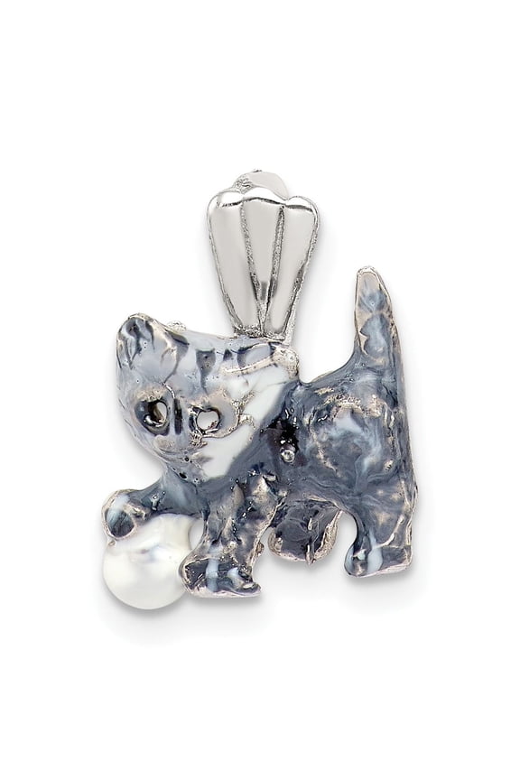 Sterling Silver Cat Pendant Necklace for Women with Enamel Accents, Playful Kitten Design and White Ball, Animal Jewelry Symbolizing Affection and Style