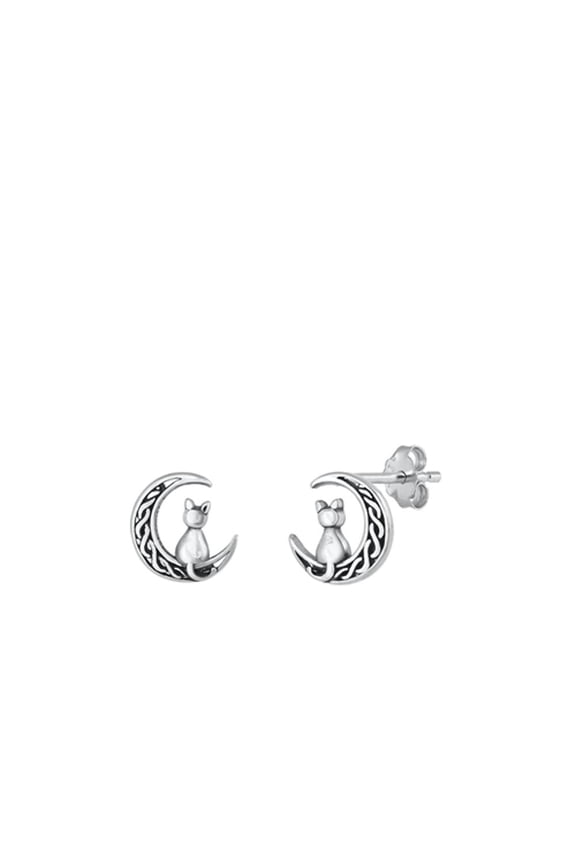 Sterling Silver Cat Sitting on Celtic Moon Stud Earrings .925 New Jewelry Female Unisex