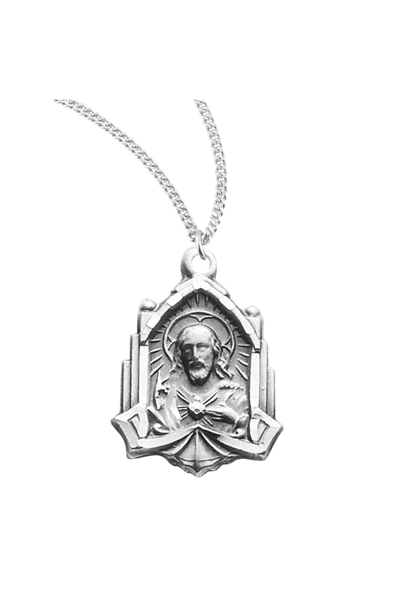 Sterling Silver Cathedral Scapular Sacred Heart of Jesus Medal, 18" Rhodium Plated Stainless Steel Chain, Made in USA - Deluxe Velvet Gift Box
