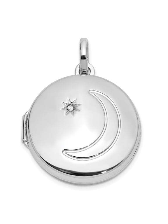 Sterling Silver Celestial Locket Pendant Necklace for Women with Crescent Moon and Star, Round Keepsake Jewelry with Clear Gemstone, Spiritual Symbol of Intuition and Protection