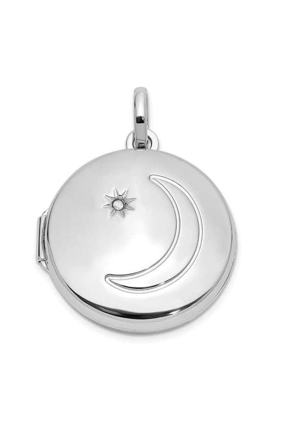 Sterling Silver Celestial Locket Pendant Necklace for Women with Crescent Moon and Star, Round Keepsake Jewelry with Clear Gemstone, Spiritual Symbol of Intuition and Protection