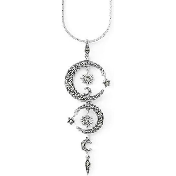 Sterling Silver Celestial Pendant, Genuine Marcasite Necklace, Moons, Stars, Suns, Jewelry Gift for Women and Teens