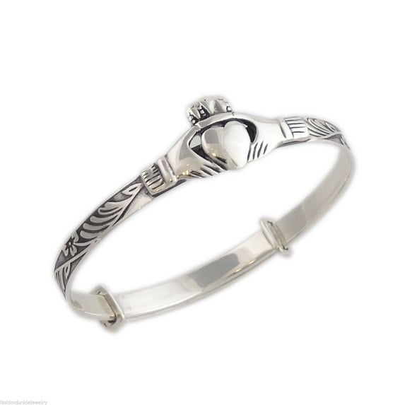 Sterling Silver Celtic Baby Claddagh Bangle Bracelet - Adjustable 5" to 6"
