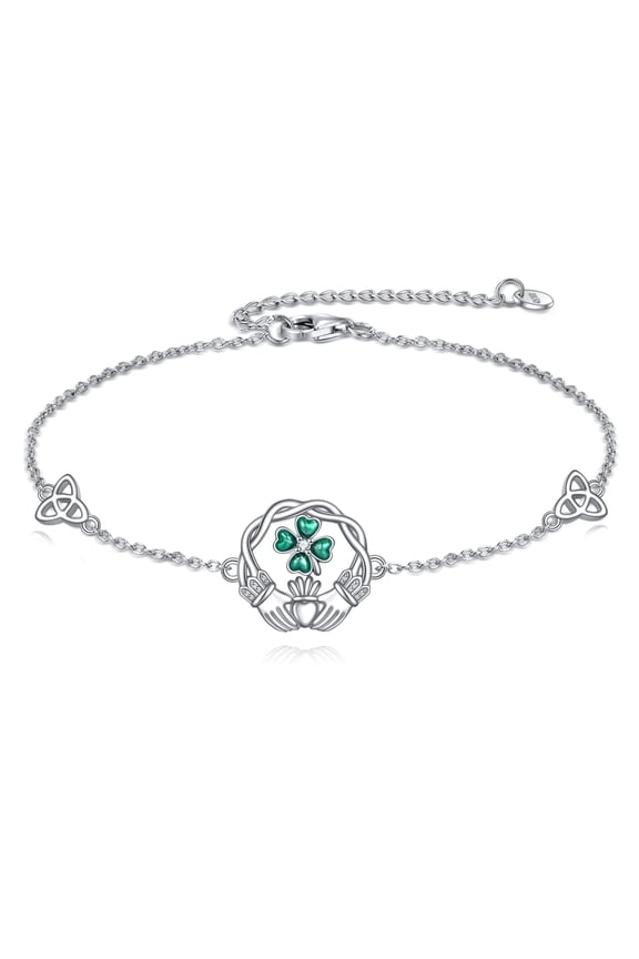 Sterling Silver Celtic Claddagh Bracelet, Irish Jewelry Heart-Shaped Cubic Zirconia Clover Bracelets, Adjustable Jewelry Gifts, Good Luck Birthday Gift for Women